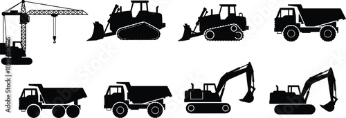 Construction vehicles silhouettes, tower crane, bulldozer machines, dump truck, excavator equipment, heavy machinery, construction site tools, engineering vehicles, industrial vector illustration