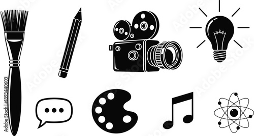 Creative intellectual icons, paintbrush art, pencil drawing, film camera, light bulb idea, speech bubble communication, artist palette, musical note, atomic science vector