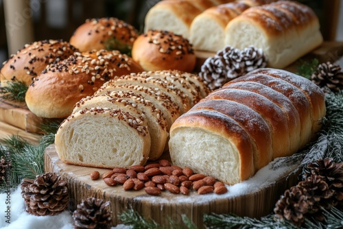 Wooden platt with bread and nuts.