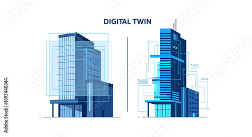 Digital twin concept illustration of modern buildings and architecture.
