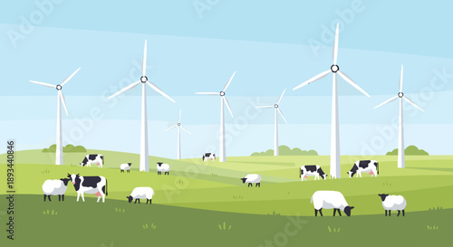 Sustainable landscape with wind turbines and grazing sheep.