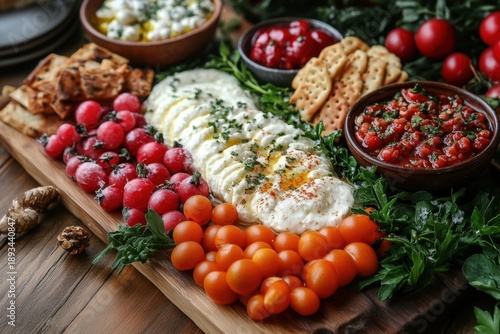 Wallpaper Mural Assorted food items on wooden cutting board. Torontodigital.ca