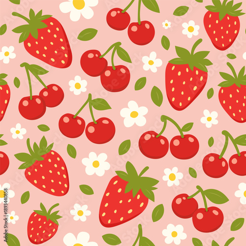 Seamless pattern with strawberries, cherries, flowers and leaves on a soft pink background. Cute summer fruit illustration for food packaging, kitchen textiles, wallpapers and decorative designs