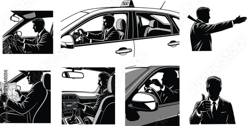 Driving man illustration, taxi driver vector, navigation concept art, car steering wheel sketch, map reading drawing, thumbs up gesture, cad drawing flat vector illustration