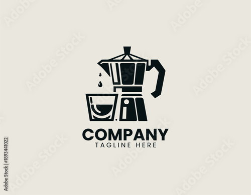 Moka coffee pot logo shows hot drink pouring into glass in clean vector style