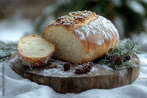 Loaf of bread on wooden board.