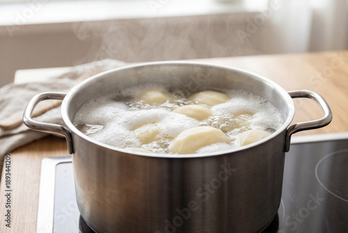 Pot of potatoes boiling in water on a kitchen stovetop. Concept of home cooking, meal preparation and simple food process.