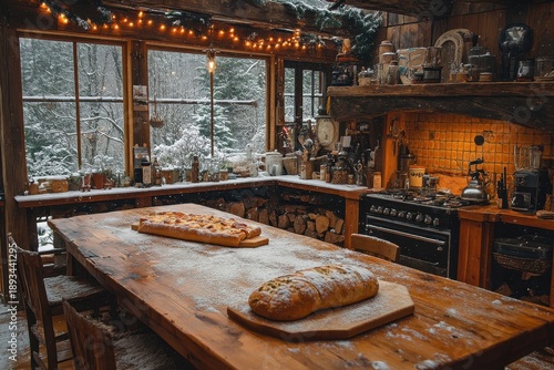 Loaf of bread on wooden table.