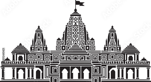 Intricate black and white illustration of a traditional indian temple structure with detailed carvings high quality
