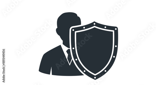Man protected by shield icon symbolizing security and safety.