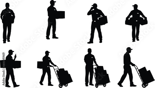 Delivery worker silhouettes, package handling vector, courier illustration, hand truck pose, phone call gesture, flat black drawing, logistics design, parcel service