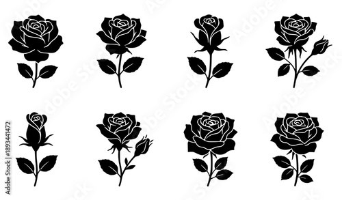 SEO Title
Decorative rose flower black silhouette icon set with elegant floral shapes and leaves isolated on white