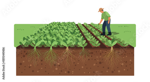Farmer tending to crops in a field with visible root system.