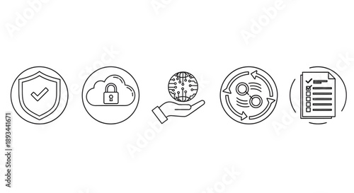 Set of simple line icons representing security and technology concepts.