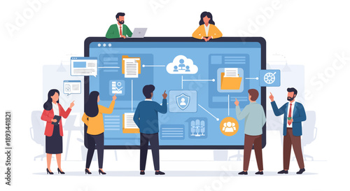 Diverse team collaborating on cloud computing project with large digital interface.