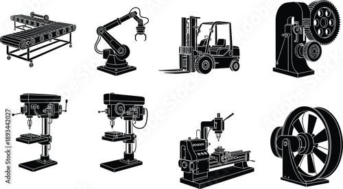 Industrial machinery silhouettes, conveyor belt system, mechanical press gears, drill press machines, lathe equipment, flywheel mechanism, manufacturing vector illustration