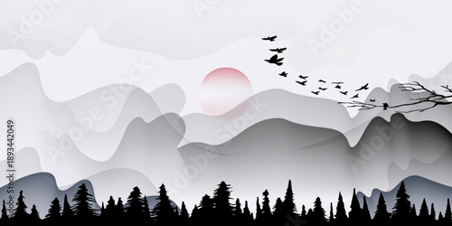 Luxury mountain wallpaper with foggy sky scenic landscape. Watercolor and gold line art texture hills background vector. Design illustration for cover,