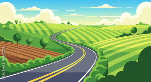 Scenic winding road through green rolling hills and agricultural fields, vector illustration
