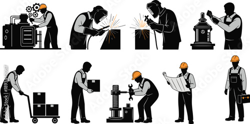 Industrial workers, factory labor, machine operation, welding icon, box transport, assembly line, blueprint reading, tool carrying, manufacturing process, vector illustration