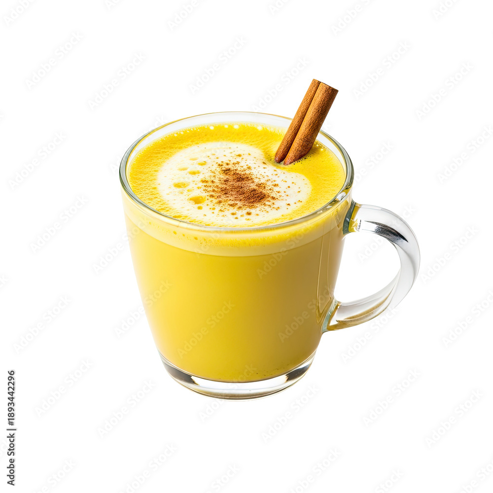 Obraz premium Golden Milk Latte with Cinnamon Stick on White Background.