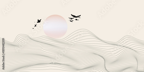 Vector abstract art landscape mountain with birds and sunrise sunset by blue line art texture isolated on white beige earth tone background. Minimal luxury style