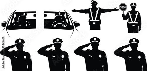 Police officer silhouettes, traffic control vector, patrol car front rear view, stop sign gesture, salute stance, flat black drawing, law enforcement design