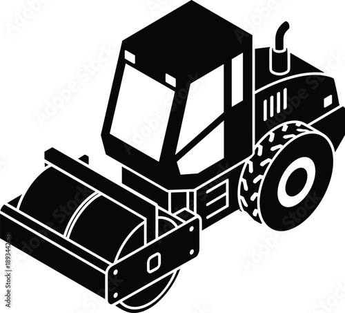 Road roller silhouette, construction vehicle, heavy equipment,  asphalt compactor, soil compaction tool, industrial machine, vector art, CAD drawing flat vector illustration