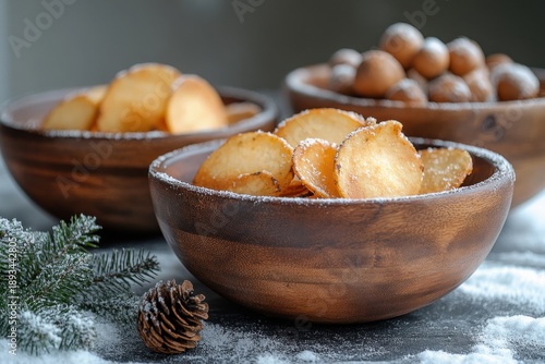 Bowl of potatoes dusted with powdered sugar, adorned with pine cones.