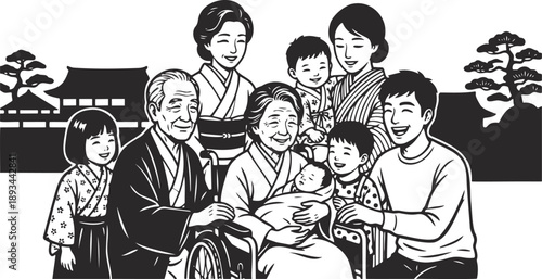 A multigenerational japanese family poses together in front of traditional architecture high quality professional detailed modern