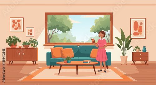 Cozy Living Room Scene Vector Illustration with a Woman Reading a Book by the Window