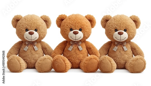 Three adorable brown teddy bears sitting together on a white background, looking cute and friendly