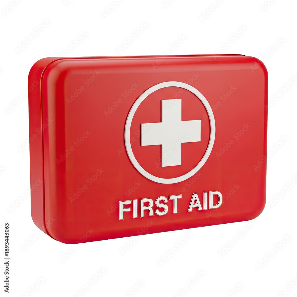 Fototapeta premium Red First Aid Kit with White Cross Symbol on White Background.