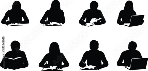 Study and work silhouettes, students reading books, writing notes, laptop users, learning activities, education vector, workplace illustration, knowledge development, academic lifestyle art