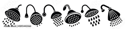 simple black and white shower head icons with water drops