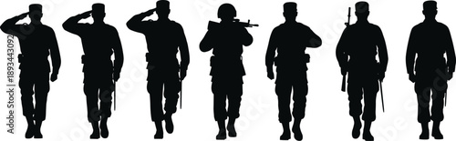Soldier silhouettes, military icons, saluting pose, rifle carrying, standing attention, army discipline, combat figure, service respect, defense personnel, vector illustration
