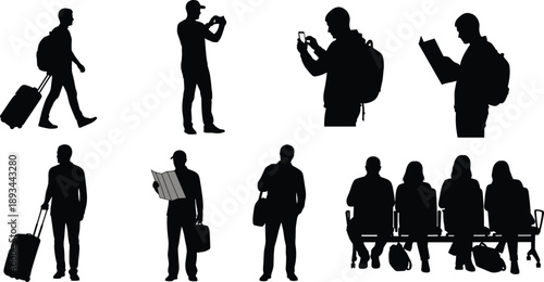 Traveler silhouettes illustration, people with luggage, backpack commuters, reading maps, smartphone users, taking photos, sitting bench, airport travel, public transportation, lifestyle vector art