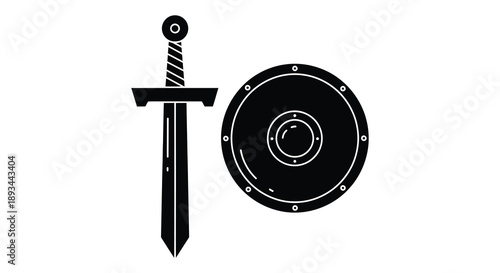 Medieval weaponry including sword and shield depicted in a stark silhouette