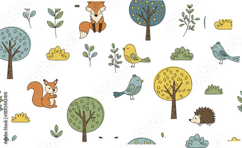 Whimsical forest illustration, cartoon animals vector,  children’s design, colorful woodland scene, decorative flora, cad drawing flat vector illustration