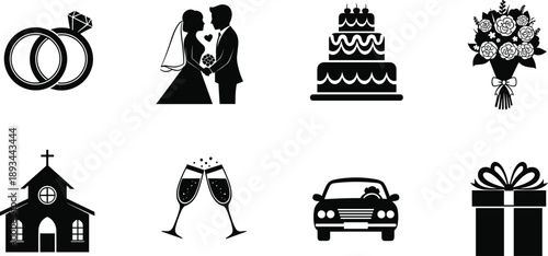 Wedding icons, bride groom, wedding rings, cake illustration, bouquet flowers, church building, champagne glasses, honeymoon car, gift box, vector design