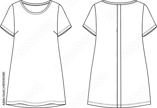 Women tunic top flat sketch, fashion cad drawing, short sleeve blouse vector, garment construction illustration, apparel design template, clothing technical flat