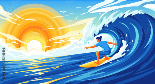 Summer surf vector illustration of a man riding a wave during a vibrant sunset with golden sun rays