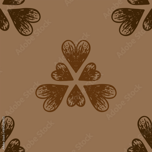 Caramel beige seamless heart pattern with hand drawn brown motifs