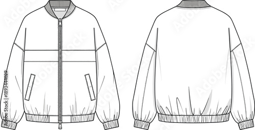 Black and white technical fashion illustration of bomber jacket front and back views isolated on white background apparel design sketch