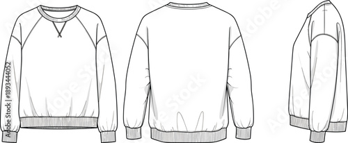 Crew neck sweatshirt technical fashion drawing with raglan sleeves ribbed cuffs hem front back and side views illustration