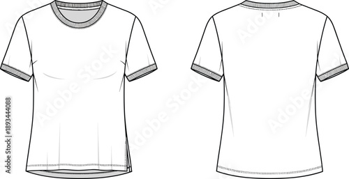 Classic short sleeve t shirt technical fashion drawing with front and back views minimal apparel vector illustration