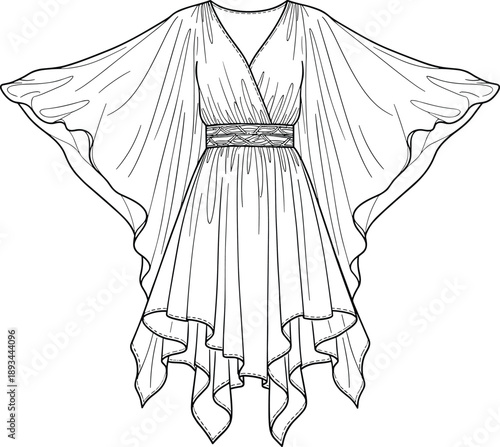 Elegant flowing women dress line art illustration with wide sleeves, belted waist, and draped fabric for fashion design
