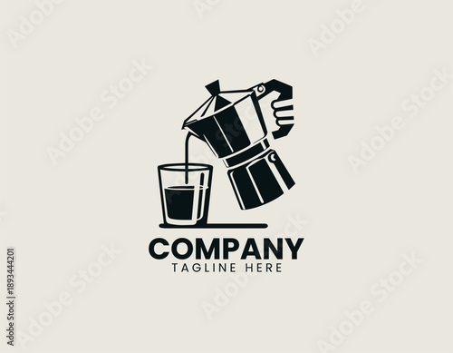 Moka coffee pot logo shows hot drink pouring into glass in clean vector style