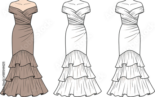 Off shoulder mermaid evening gown technical fashion flat sketch set, draped bodice with layered ruffle hem, vector illustration