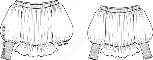 Off shoulder puff sleeve women blouse fashion sketch illustration, black and white line drawing, modern feminine apparel design