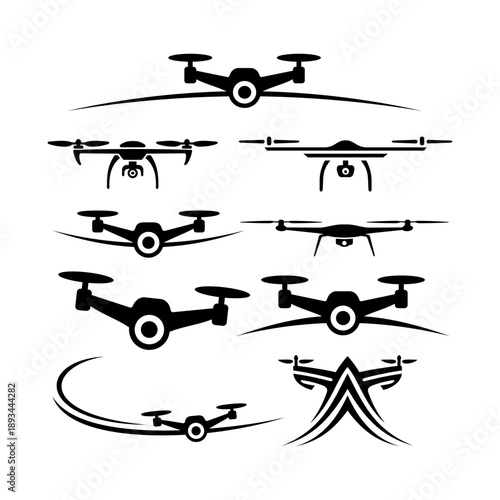 Collection of black drone silhouettes and stylized logos on a white background, showcasing various designs for unmanned aerial vehicles.